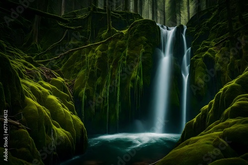 A majestic waterfall cascading down a moss-covered cliff in a secluded forest