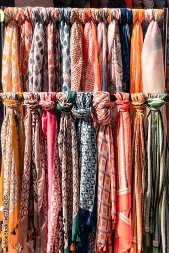 Vertical closeup of colorful sunlit scarfs bonded on two rods in the market outdoors