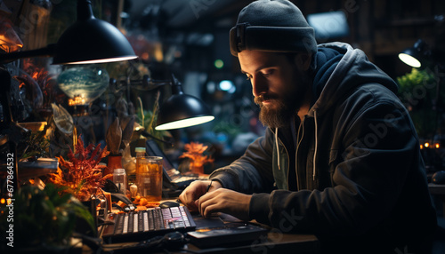 A young adult businessman working on his laptop at night generated by AI © Stockgiu