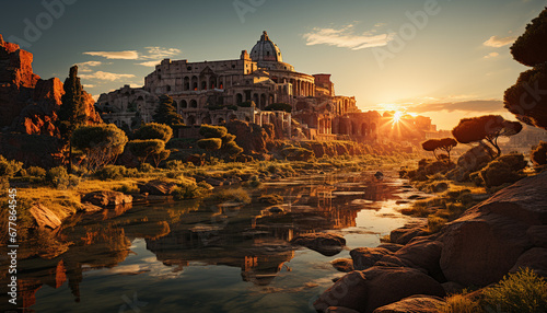 Sunset over ancient ruins, a reflection of history and spirituality generated by AI