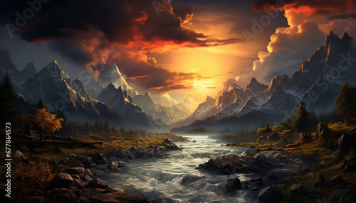 Majestic mountain peak reflects beauty in nature, tranquil sunset landscape generated by AI