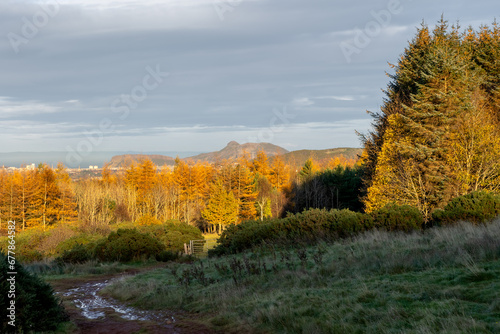 Rolling hills of the Scottish Highlands in colourful autumn with trails and views of fall foliage, colourful leaves. 
