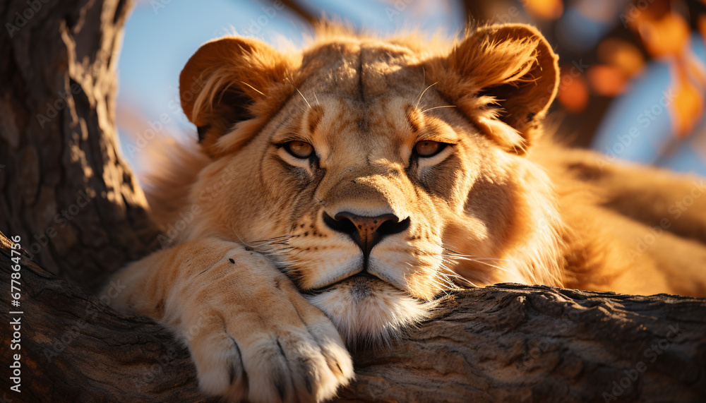 Naklejka premium Majestic lion resting in the African wilderness generated by AI