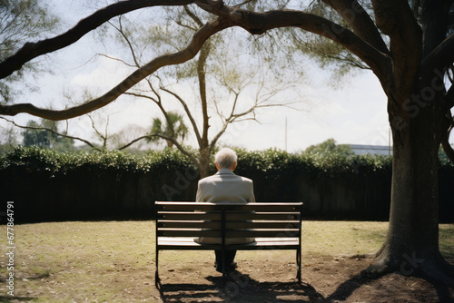 old man sitting on a bench in the park, Highlighting social isolation, the solitude of an elderly person emphasizes the crucial need for community support and companionship photo