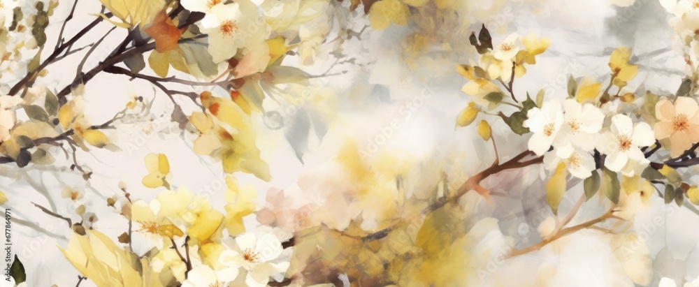 Spring floral banner, Hazy white smoke, pale pink and pale yellow wildflowers, watercolor retro style, layered translucency