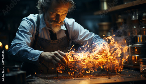 Caucasian man, expert in metalwork, crafting with flame and tools generated by AI