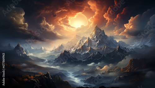 Majestic mountain peak silhouettes against tranquil sunset sky generated by AI