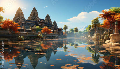 Ancient Hinduism and Buddhism reflected in famous Angkor ancient ruins generated by AI