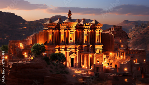 Nightfall reveals the majestic ancient ruins, illuminated by the sunset generated by AI