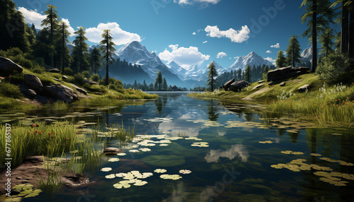 Majestic mountain peak reflects in tranquil pond generated by AI