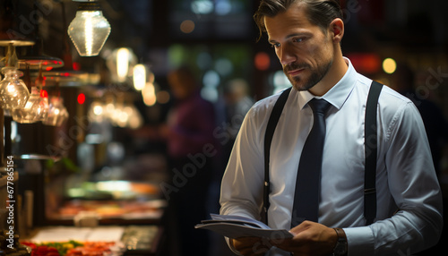 Confident young businessman standing outdoors, holding a drink generated by AI