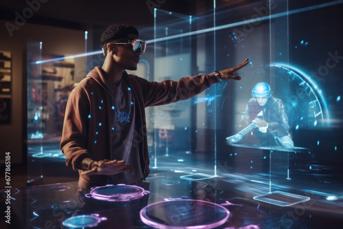 Illustrating a futuristic trend, a person engages with a holographic display, symbolizing immersive augmented reality interfaces seamlessly merging the digital and physical realms photo