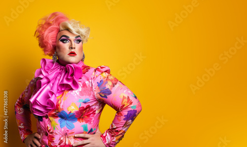 Plus sized drag queen person wearing heavy extravagant makeup. Proud expression. Wide banner with copy space on side. Generative AI photo