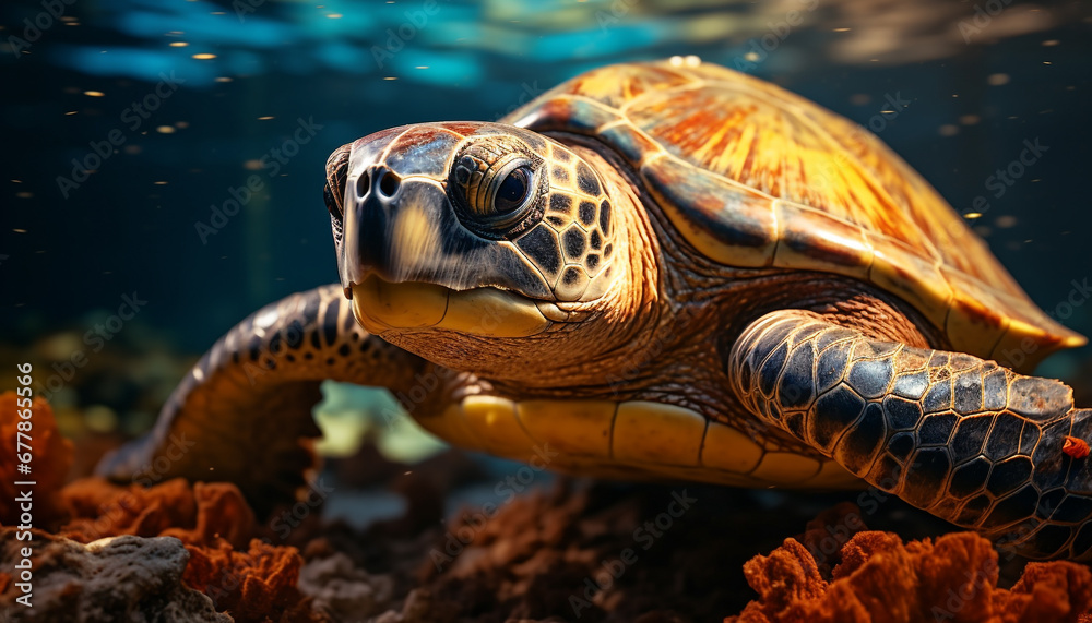 Close up of a beautiful sea turtle swimming underwater generated by AI Close up of a beautiful sea turtle swimming underwater generated by AI