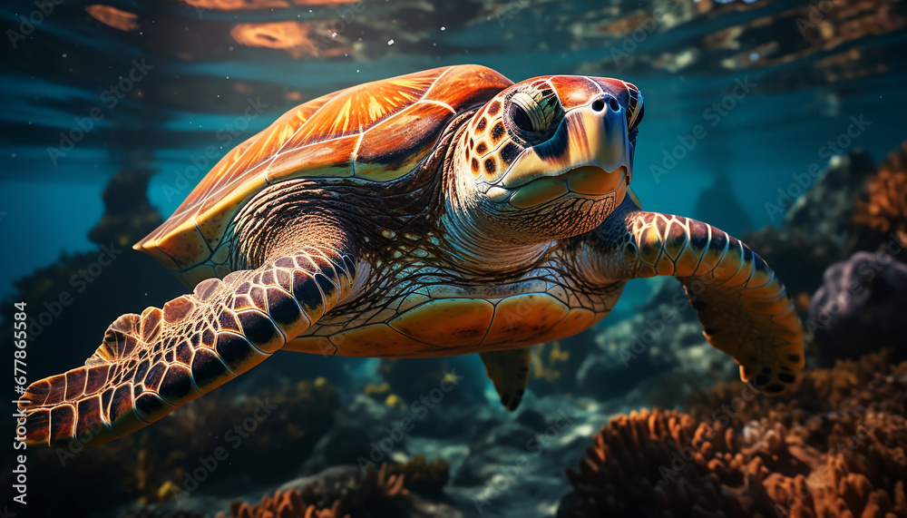 Turtle swimming in blue sea, surrounded by coral generated by AI Turtle swimming in blue sea, surrounded by coral generated by AI