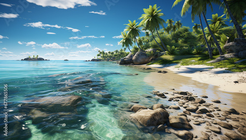 Tropical coastline, turquoise waters, palm trees, serene sunset generated by AI