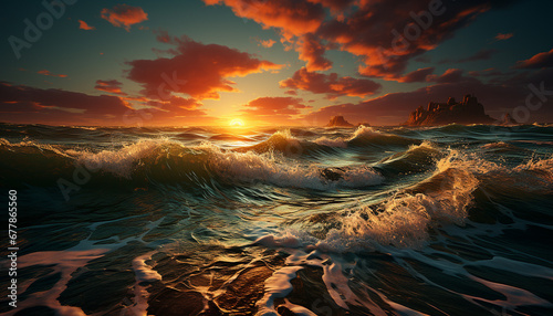 Sunset over the water, waves crash, nature beauty on display generated by AI