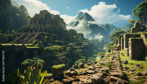 Ancient ruins on majestic mountain, a famous travel destination for adventure generated by AI