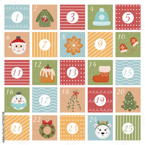Printable Christmas advent calendar for kids with numbers winter holiday elements. Advent stickers, gift tags, holiday decoration. Christmas countdown. Vector elements.