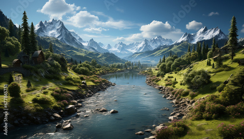 Majestic mountain peak reflects tranquil meadow in summer generated by AI