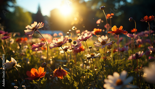 Sunset meadow, vibrant flowers bloom in nature generated by AI