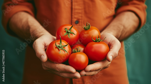 Man holds tomatoes in her hands. Ripe fresh red tomatoes. Healthy food, organic vegetables. Tomato close up. Natural vitamins, raw ingredient for eating. Handpicked bio tomato. Generated AI