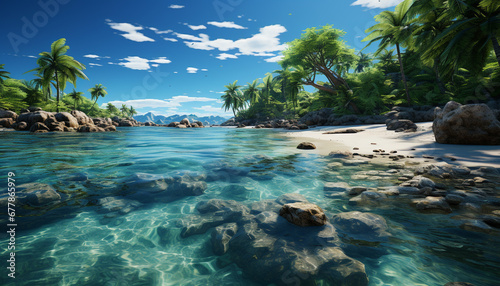 Idyllic tropical coastline with turquoise water and palm trees generated by AI © Jemastock