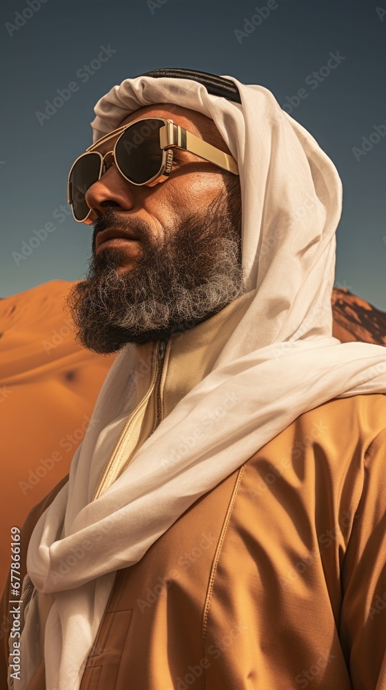 Portrait of an Arab man wearing desert-goggle. fashion Arab-clothing. cinematic scene.
