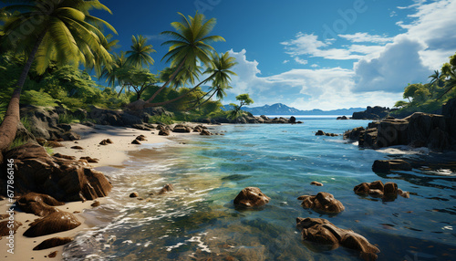 Tropical coastline, blue water, palm tree, serene sunset generated by AI © Jemastock