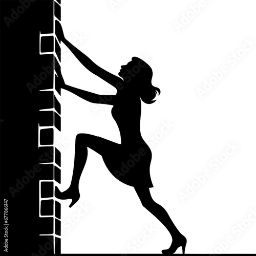 Silhouette of a woman attempting to climb a wall. vector illustration