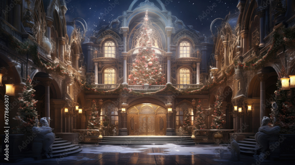 A magnificent Christmas palace, decorated with colored lights, with the feel of a fairy tale world