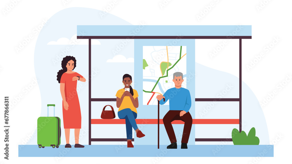 Vector illustration of a group of people at a bus stop. Cartoon scene of people waiting for transport at a bus stop: a girl with a suitcase, a grandfather with a stick, a girl looking at the phone .