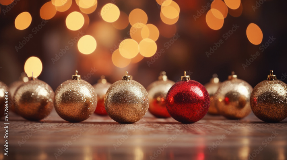 Christmas toys red gold on blurred bokeh lights background banner with space for text Christmas toys red gold on blurred bokeh lights background banner with space for text