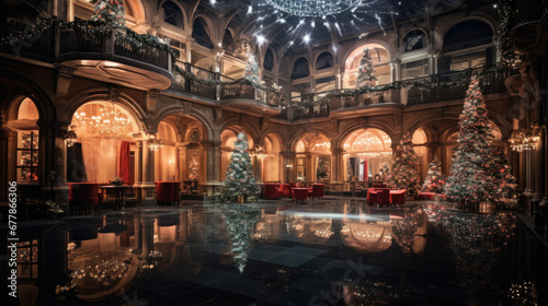 A magnificent Christmas palace  decorated with colored lights  with the feel of a fairy tale world