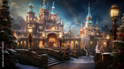 A magnificent Christmas palace, decorated with colored lights, with the feel of a fairy tale world