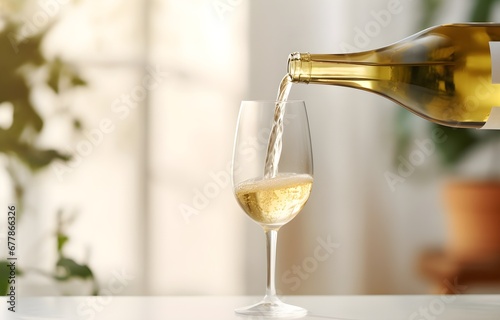 Pouring red white from bottle into glass on blurred background photo