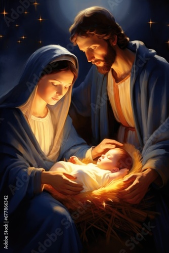 Birth of Christ, Mary and Joseph and Baby Jesus Illustration, Holy Family, Divine Union