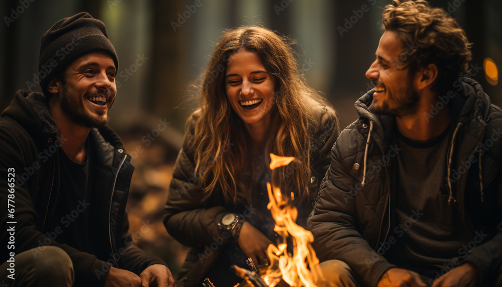 Young adults enjoying campfire in the autumn forest generated by AI