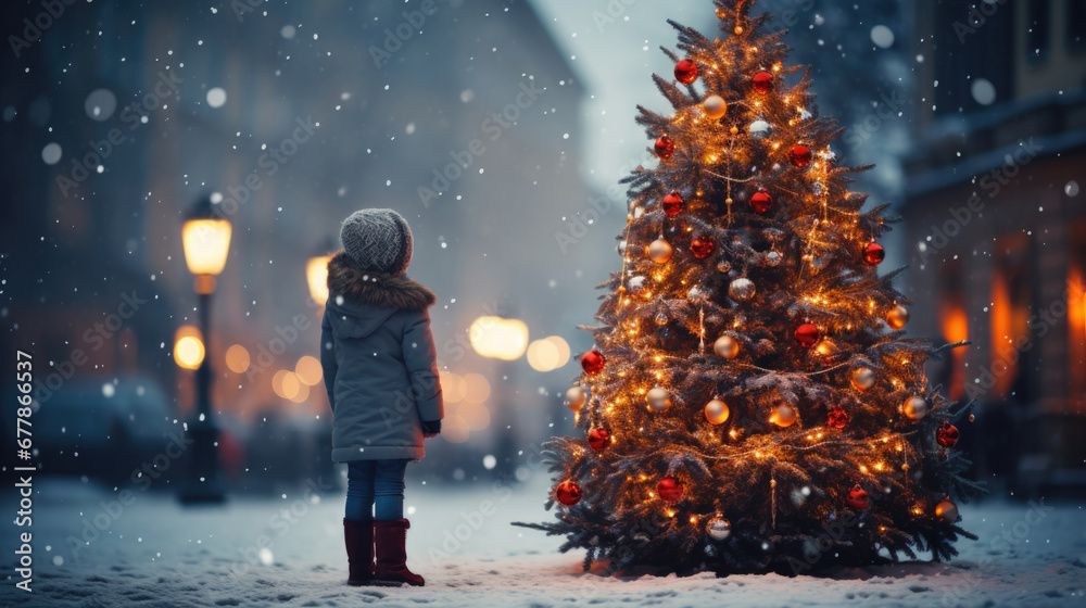A little girl stands on the square and looks at a beautiful Christmas tree with space for text A little girl stands on the square and looks at a beautiful Christmas tree with space for text
