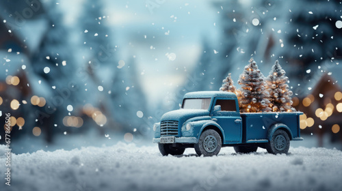 Blue retro pickup truck carrying a Christmas tree with space for text