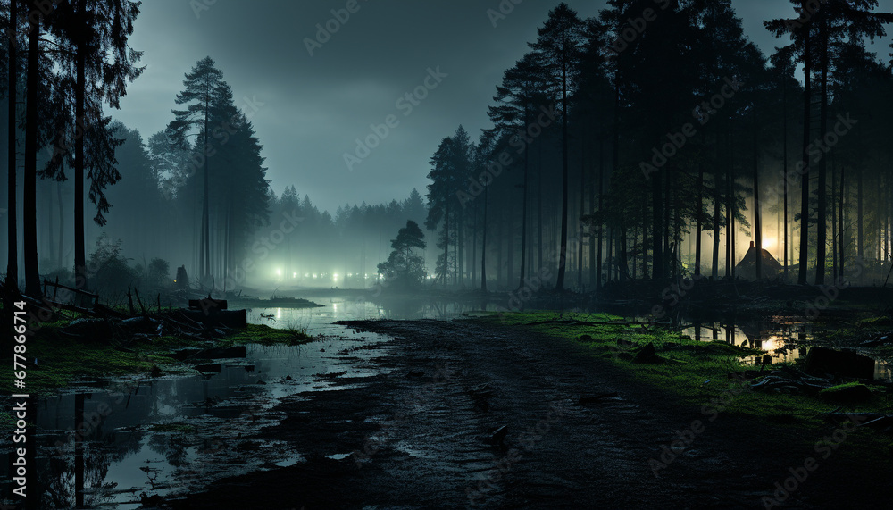 Mysterious fog blankets tranquil forest in spooky night generated by AI