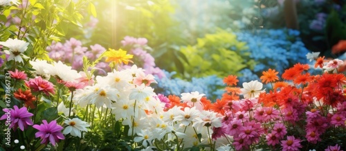 beautiful summer garden surrounded by lush green plants and colorful flowers a white floral background sets the stage for the natural beauty of the blooming petals © TheWaterMeloonProjec