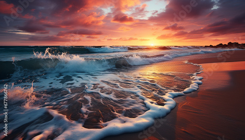 Sunset over water, waves crash on sandy coastline generated by AI