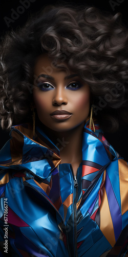 Afroamerikanisches Model Gesicht in super modernen Designer Outfit mit fantastischen Makeup und grandioser Hipp Frisur im Afrolook Hochformat, ai generativ