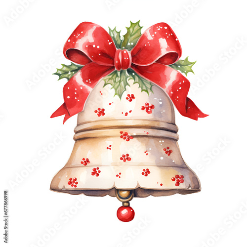 Holiday bell with red bow: watercolor illustration in Christmas style, ideal for decorating holiday cards and interiors,
advent calendar
