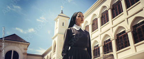 Young nun catholic missionary - portrait with convent monastery or church building on a sunny day. Generative AI photo
