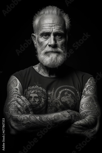 tattooed man of character in front of black background