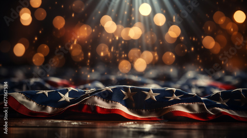 Sfondo con la bandiera americana USA a stelle e strisce, luci e particelle nell'aria photo