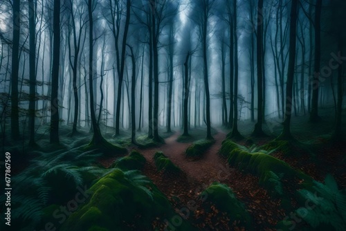 A panoramic view of a foggy woodland, where mysterious shapes emerge from the mist