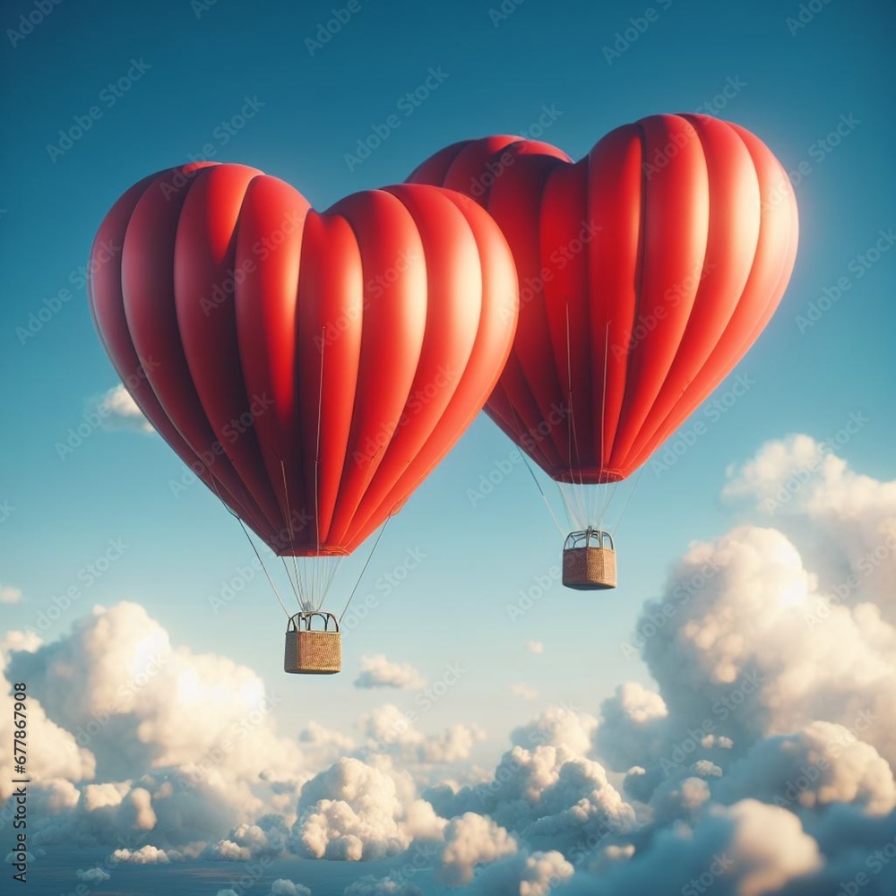 Fototapeta premium in the clear sky two red heart-shaped balloons